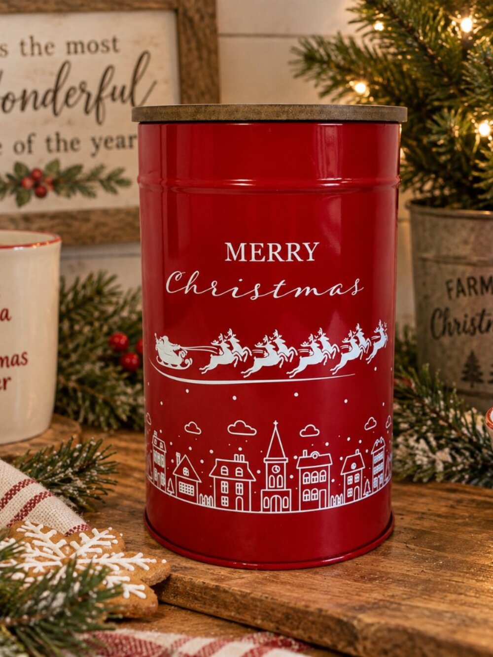 Old East Main Co. Holiday Style Christmas Tin Canister Red Santa Sleigh Village